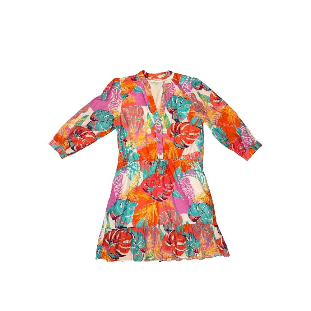 Wila Story Mini Dress Womens Medium Multicolor Tropical Ruffle Cotton